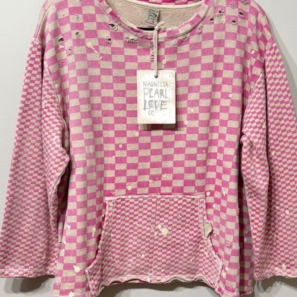 Magnolia Pearl Pink Checkered Heavily Distressed Sweatshirt Front Pockets NWT